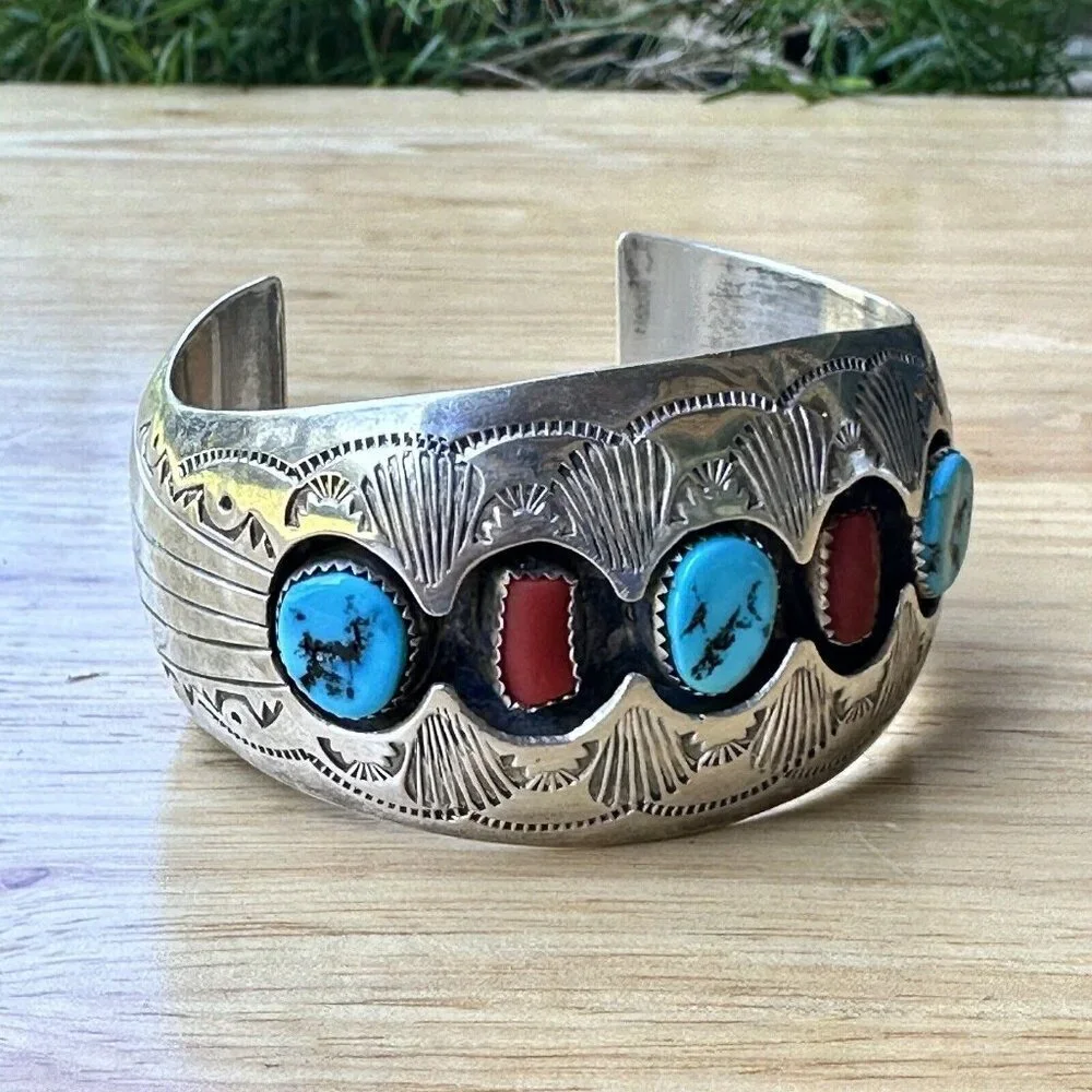 VTG Navajo Pauline‎ Benally Size 6.25 Bracelet Turquoise Coral Sterling 52.2g